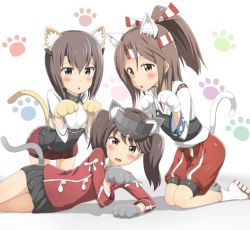 Rule 34 | 10s, 3girls, animal ears, brown hair, cat ears, flat chest, highres, kantai collection, multiple girls, nedia (nedia region), paw pose, ponytail, ryuujou (kancolle), taihou (kancolle), tail, twintails, zuihou (kancolle)
