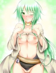 Rule 34 | 1girl, andrew (duel angel), blush, breasts, caam serenity of gusto, cleft of venus, collar, collarbone, duel monster, female focus, functionally nude, green eyes, green hair, highres, large breasts, long hair, looking at viewer, matching hair/eyes, navel, nipples, one eye closed, pussy, solo, standing, uncensored, undressing, yu-gi-oh!