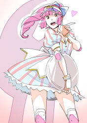 Rule 34 | 1girl, aida (muteking), apron, bow, dress, elbow pads, fingerless gloves, gloves, hair bow, heart, highres, holding, long hair, looking at viewer, muteking the dancing hero, open mouth, pink hair, pointing, puffy short sleeves, puffy sleeves, red eyes, shin guards, short sleeves, smile, solo, striped clothes, striped dress, takahashi yuuichi, tray, uniform, waitress