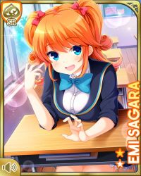 Rule 34 | 1girl, blue eyes, book, boots, bow, bowtie, breasts, character name, classroom, day, desk, girlfriend (kari), hair ribbon, hand on own cheek, hand on own face, large breasts, medium hair, official art, open mouth, open palm, orange hair, plaid, plaid skirt, pleated skirt, qp:flapper, ribbon, sagara emi, school, school uniform, sitting, skirt, smile, solo, tagme, twintails