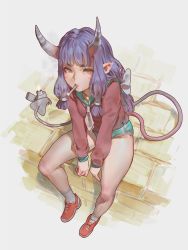 Rule 34 | 1girl, bow, brick, brown eyes, buruma, cigarette, commentary, demon girl, demon tail, from above, full body, hair bow, highres, holding, holding with tail, horns, lighter, long hair, long sleeves, mouth hold, original, pink shirt, pointy ears, prehensile tail, purple hair, red footwear, school uniform, serafuku, shirt, shoes, sidelocks, sitting, sketch, smoke, smoking, sneakers, socks, solo, tail, timbougami, white bow, white socks