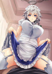 Rule 34 | 1girl, apron, blue dress, blue eyes, blue skirt, braid, breasts, clothed sex, clothes lift, dress, dress lift, garter straps, hair between eyes, highres, implied sex, indoors, izayoi sakuya, large breasts, lifted by self, looking at viewer, looking down, maid, maid apron, maid headdress, miniskirt, puffy short sleeves, puffy sleeves, shirt, short sleeves, silver hair, sinkai, skirt, skirt lift, skirt set, solo, standing, thighhighs, touhou, twin braids, waist apron, white shirt, zettai ryouiki