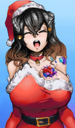 Rule 34 | 1girl, belt, black hair, bloodstained: ritual of the night, bloodstained (series), blue background, breasts, brown hair, choker, cleavage, closed eyes, flower, gradient hair, hat, heeho-san, miriam (bloodstained), multicolored hair, open mouth, santa costume, santa hat, simple background, solo