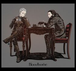 Rule 34 | 2boys, black border, black hair, bloodborne, boots, border, brown footwear, brown gloves, brown pants, chair, chess piece, chessboard, copyright name, crossed legs, cup, facial hair, from side, gloves, goatee, grey background, grey hair, hands up, highres, holding, holding cup, hunter (bloodborne), kamezaemon, knee boots, male focus, multiple boys, pants, ponytail, shirt, simple background, sitting, striped clothes, striped shirt, table, teacup