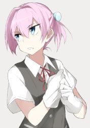 Rule 34 | 10s, 1girl, adjusting clothes, adjusting gloves, bad id, bad twitter id, black vest, blue eyes, buttons, collared shirt, eyebrows, gloves, hair between eyes, hair intakes, hair ornament, kantai collection, looking back, neck ribbon, open mouth, pink hair, red ribbon, ribbon, shigino sohuzi, shiranui (kancolle), shirt, short hair, short ponytail, short sleeves, silver background, simple background, solo, tsurime, upper body, vest, white gloves, white shirt