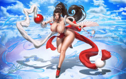 Rule 34 | 1girl, ass, bare arms, bare legs, bare shoulders, bikini, black hair, blue sky, blush, breasts, cleavage, cloud, fatal fury, hairband, hand fan, highres, holding, holding fan, large breasts, leg up, long hair, looking at viewer, nipples, ponytail, red eyes, shadow, shiranui mai, sky, smile, solo, standing, standing on one leg, swimsuit, the king of fighters, water, yonpii