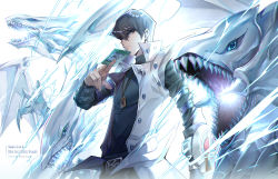Rule 34 | 1boy, artist name, black shirt, blue-eyes white dragon, blue eyes, brown hair, card, character name, closed mouth, duel disk, duel monster, ekita kuro, hair between eyes, highres, holding, holding card, jewelry, kaiba seto, long sleeves, male focus, necklace, shirt, solo, yu-gi-oh!