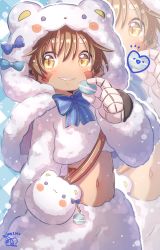 Rule 34 | 1boy, animal costume, bandam, brown hair, candy, chocolate, dark skin, food, gift, highres, holding, holding gift, incoming gift, looking at viewer, made in abyss, male focus, mechanical arms, midriff peek, open mouth, pointy ears, regu (made in abyss), straight-on, white day, yellow eyes
