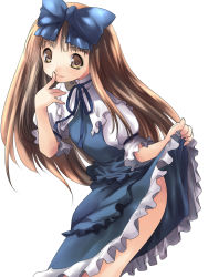 Rule 34 | 1girl, alric, ass, bad id, bad pixiv id, bow, brown eyes, brown hair, clothes lift, dress, dress lift, eastern and little nature deity, female focus, finger to mouth, hair bow, simple background, solo, star sapphire, touhou, touhou sangetsusei, white background