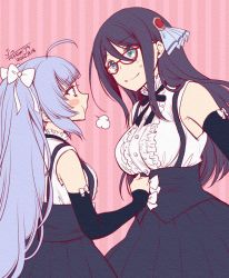 Rule 34 | 2girls, :t, ahoge, aqua eyes, armpit crease, artist name, assault lily, bare shoulders, bikini, black hair, black ribbon, black skirt, black sleeves, blue hair, blue ribbon, blush stickers, bow, breasts, buttons, center frills, closed mouth, commentary, dated, detached sleeves, eye contact, frilled shirt, frilled shirt collar, frills, from side, hair between eyes, hair bow, hair ornament, hair ribbon, hand on another&#039;s stomach, long hair, looking at another, mashima moyu, medium breasts, miriam hildegard von gropius, multiple girls, neck ribbon, pink background, pink eyes, pleated skirt, pout, profile, puff of air, ribbon, school uniform, shirt, sidelocks, skirt, sleeve bow, sleeveless, sleeveless shirt, sleeves past wrists, small breasts, smile, standing, striped bikini, striped clothes, suspender skirt, suspenders, sweatdrop, swimsuit, takemiya jin, twintails, underbust, very long hair, white bow, yurigaoka girls academy school uniform