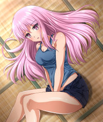 Rule 34 | 1girl, alternate costume, bare legs, bare shoulders, between legs, blouse, blue shirt, blue shorts, breasts, cleavage, contemporary, hand between legs, hata no kokoro, knees up, looking at viewer, medium breasts, open mouth, pink eyes, pink hair, shirt, short shorts, shorts, solo, tank top, tatami, thighs, touhou, zanntetu