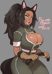 Rule 34 | 1girl, 2020, agawa ryou, animal ears, black hair, breasts, brown gloves, cat ears, cat tail, cleavage, cleavage cutout, clothing cutout, commentary, dark skin, dark-skinned female, dated, fang, gloves, grey background, large breasts, long hair, looking at viewer, naughty face, original, simple background, smile, solo, tail, thighs, yellow eyes