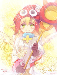 Rule 34 | 1girl, amitie (puyopuyo), blonde hair, blush, flower, gloves, green eyes, hat, holding, holding staff, looking at viewer, lying, on back, puyopuyo, red amitie, red hat, short hair, solo, staff, white wings, wings, yoriyomo