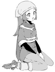 Rule 34 | 1girl, absurdres, akari (pokemon), bad id, bad twitter id, between legs, blush, commentary, creatures (company), ddari, game freak, greyscale, hand between legs, highres, japanese clothes, long hair, long sleeves, looking ahead, looking away, looking to the side, monochrome, nintendo, open mouth, pokemon, pokemon legends: arceus, sash, short sleeves, simple background, sitting, smile, solo, white background