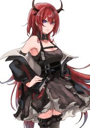 Rule 34 | 1girl, absurdres, arknights, bare shoulders, belt, belt buckle, belt pouch, black dress, black jacket, black thighhighs, breasts, buckle, cleavage, closed mouth, collarbone, detached collar, dress, feet out of frame, hand on own hip, highres, horns, ikastak, jacket, long hair, long sleeves, medium breasts, off shoulder, open clothes, open jacket, pouch, purple eyes, red hair, simple background, solo, standing, surtr (arknights), thigh strap, thighhighs, v-shaped eyebrows, very long hair, white background, zettai ryouiki