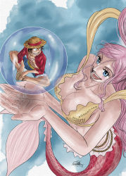 Rule 34 | 1boy, 1girl, bikini, blue background, blue eyes, breasts, bubble, butterfly sitting, cleavage, denim, from above, full body, giant, giantess, hat, highres, large breasts, looking at another, mermaid, monkey d. luffy, monster girl, nose, one piece, persoective, pink hair, shirahoshi, shorts, sitting, size difference, smile, swimsuit, teeth, tsurime