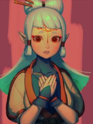 Rule 34 | 1girl, artist name, bellhenge, brown eyes, facial mark, hair ornament, hair rings, image sample, long hair, looking at viewer, nintendo, own hands together, paya (zelda), pointy ears, solo, the legend of zelda, the legend of zelda: breath of the wild, traditional clothes, tumblr sample, turtleneck, white hair