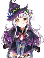 Rule 34 | 1girl, between legs, black footwear, black hairband, blunt bangs, blush, brown gloves, capelet, closed mouth, commentary request, flat chest, gloves, grey hair, hair bun, hair ornament, hairband, hand between legs, hat, head chain, highres, hololive, jewelry, long hair, long sleeves, looking at viewer, multicolored capelet, multicolored eyes, murasaki shion, murasaki shion (1st costume), pinstripe pattern, pinstripe shirt, purple capelet, sasai tuki, shirt, short eyebrows, sidelocks, sitting, smile, solo, star (symbol), striped, thigh strap, thighhighs, vertical stripes, virtual youtuber, wariza, white background, witch hat