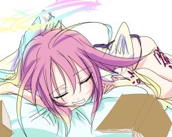 Rule 34 | 1girl, angel wings, artist request, book, closed eyes, commentary request, spiked halo, drooling, feathered wings, gradient hair, halo, jibril (no game no life), long hair, low wings, lying, magic circle, multicolored hair, no game no life, on stomach, pink hair, sketch, sleeping, solo, tattoo, very long hair, white wings, wing ears, wings