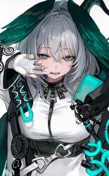 Rule 34 | 1girl, :q, absurdres, aqua eyes, aqua nails, arknights, black wings, breasts, dress, fang, feathered wings, fingerless gloves, fingernails, freng, gloves, grey hair, hair between eyes, hand up, head wings, highres, ho&#039;olheyak (arknights), jacket, large breasts, long sleeves, looking at viewer, medium hair, nail polish, open clothes, open jacket, open mouth, simple background, slit pupils, solo, tail, teeth, tongue, tongue out, upper body, white background, white dress, white gloves, white jacket, wings