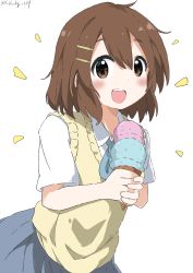 Rule 34 | 1girl, :d, absurdres, artist name, bad id, bad pixiv id, blue ribbon, blue skirt, brown eyes, brown hair, commentary request, cynical (llcbluckg c004), food, hair ornament, hairclip, highres, hirasawa yui, holding, holding food, ice cream, k-on!, looking at viewer, neck ribbon, notice lines, open mouth, ribbon, sakuragaoka high school uniform, school uniform, shirt, short hair, short sleeves, simple background, skirt, smile, solo, sweater vest, twitter username, upper body, vest, watermark, white background, white shirt, yellow sweater vest