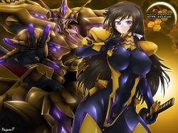 Rule 34 | 1girl, black bodysuit, blush, bodysuit, breasts, brown hair, cleavage, contrapposto, covered navel, cowboy shot, glowing, haganef, hair ribbon, holding, holding sword, holding weapon, large breasts, long hair, looking at viewer, mecha, muv-luv, muv-luv alternative, muv-luv total eclipse, outstretched arm, pilot suit, purple eyes, ribbon, robot, shiny clothes, skin tight, smile, solo, standing, sword, takamura yui, takemikaduchi, very long hair, weapon