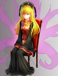 Rule 34 | 1girl, black dress, blonde hair, breasts, chair, closed mouth, commentary request, dress, full body, gold trim, gradient background, hands on lap, hat, headdress, hei nou, highres, junko (touhou), long hair, long sleeves, looking at viewer, medium breasts, red eyes, ribbon, sash, sitting, sleeves past wrists, solo, tabard, touhou, wide sleeves, yellow ribbon