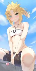Rule 34 | 1girl, bandeau, belt, blonde hair, blue sky, blush, braid, breasts, candy, denim, denim shorts, fate/grand order, fate (series), food, green eyes, highres, jewelry, lollipop, looking at viewer, midriff, mordred (fate), mordred (memories at trifas) (fate), navel, necklace, ponytail, shorts, sitting, sky, small breasts, smile, solo, umi endu