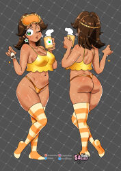 Rule 34 | 1girl, absurdres, ass, bare shoulders, black background, breasts, brown hair, cameltoe, cleavage, cleft of venus, coffee mug, collarbone, cup, curvy, dark-skinned female, dark skin, earrings, from behind, full body, green eyes, highres, jewelry, large breasts, lips, mario (series), medium hair, mug, multiple views, navel, nintendo, one eye closed, princess daisy, sasa tseng, simple background, sleep mask, sleeveless, solo, standing, striped clothes, striped thighhighs, super mario land, tank top, thighhighs, underwear, watermark, wink, yellow tank top, yellow thighhighs