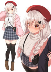 Rule 34 | 1girl, arm grab, bag, beret, between breasts, black thighhighs, blush, boots, breasts, brown footwear, closed mouth, commentary request, etna (kuzuyu), grey skirt, hair between eyes, hair ornament, hat, high heel boots, high heels, highres, jacket, komori kuzuyu, large breasts, long sleeves, low twintails, multiple views, open clothes, open jacket, original, out of frame, pink jacket, plaid, plaid skirt, puffy long sleeves, puffy sleeves, red eyes, red headwear, ribbed sweater, shoulder bag, simple background, skirt, sleeves past wrists, strap between breasts, sweat, sweater, thighhighs, turtleneck, turtleneck sweater, twintails, white background, white hair, white sweater