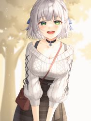 Rule 34 | 1girl, :d, absurdres, bad id, bad pixiv id, bag, black choker, black skirt, blue ribbon, blurry, blurry background, blush, braid, breasts, choker, commentary request, green eyes, hair ribbon, harusame (user wawj5773), high-waist skirt, highres, hololive, huge filesize, large breasts, long sleeves, looking at viewer, open mouth, plaid, plaid skirt, ribbon, shirogane noel, shirogane noel (casual), short hair, shoulder bag, silver hair, skirt, smile, solo, sweater, teeth, tree, upper teeth only, virtual youtuber, white sweater