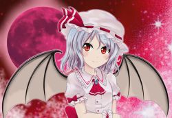 Rule 34 | 1girl, ascot, bat wings, blouse, blue hair, blush, brooch, full moon, hat, hat ribbon, highres, jewelry, light particles, looking at viewer, mob cap, moon, red eyes, red moon, red sky, reimei (r758120518), remilia scarlet, ribbon, shirt, short hair, sky, smile, solo, star (sky), touhou, upper body, wings, wrist cuffs