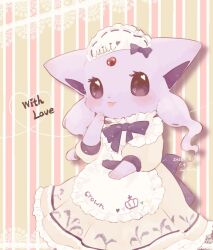 1girl :3 :p animal_ears animal_hands apron bow brown_dress cat_ears creatures_(company) dress espeon eyelashes forehead_jewel frilled_dress frills furry furry_female game_freak gem gen_2_pokemon heart heart_in_eye light_blush looking_at_viewer maid maid_headdress mkt_(buizu-miki) nintendo pokemon pokemon_(creature) puffy_short_sleeves puffy_sleeves purple_bow red_gemstone short_sleeves simple_background solo standing striped_background symbol_in_eye tongue tongue_out white_apron