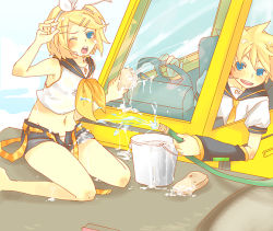 Rule 34 | 1boy, 1girl, barefoot, belt, blonde hair, blue eyes, brother and sister, detached sleeves, hair ornament, hairclip, hose, kagamine len, kagamine rin, kl (dgzonbi), md5 mismatch, midriff, open fly, ribbon, short hair, shorts, siblings, twins, unbuckled, unzipped, vocaloid, water