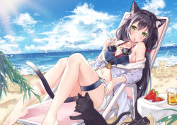 Rule 34 | 1girl, absurdres, alcohol, animal, animal ear fluff, animal ears, armpit crease, bare shoulders, barefoot, beach, beer, bikini, black cat, black hair, blue bikini, blue sky, cat, cat ears, cat girl, cat tail, chair, cloud, cup, day, drinking glass, food, green eyes, highres, hum (ten ten), jacket, karyl (princess connect!), karyl (summer) (princess connect!), knees up, long hair, long sleeves, looking at viewer, lounge chair, low twintails, multicolored hair, navel, ocean, off shoulder, open clothes, open fly, open jacket, outdoors, parted lips, popsicle, princess connect!, reclining, sand castle, sand sculpture, short shorts, shorts, sky, solo, stomach, streaked hair, sunglasses, sunlight, swimsuit, table, tail, thigh strap, thighs, twintails, unworn eyewear, water, watermelon bar, wet, white shorts