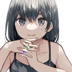 Rule 34 | 1girl, bad id, bad twitter id, bare arms, bare shoulders, black dress, black hair, closed mouth, commentary, dress, grey eyes, hair between eyes, highres, jewelry, kurata rine, looking at viewer, mole, mole under eye, original, ring, simple background, sleeveless, sleeveless dress, smile, solo, symbol-only commentary, white background