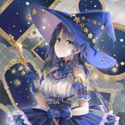 Rule 34 | 1girl, blue bow, blue gloves, blue hat, blue skirt, bow, closed mouth, commentary request, frilled skirt, frills, gloves, hand up, hat, highres, holding, holding staff, layered skirt, naruse chisato, original, shirt, skirt, sleeveless, sleeveless shirt, smile, solo, staff, star (symbol), white shirt, witch hat