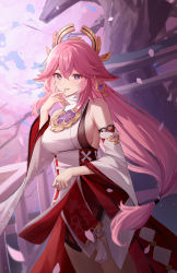 Rule 34 | 1girl, absurdres, animal ears, bare shoulders, blush, breasts, cherry blossoms, commentary, detached sleeves, earrings, falling petals, finger to mouth, floppy ears, fox ears, genshin impact, hair between eyes, highres, japanese clothes, jewelry, large breasts, long hair, looking at viewer, low-tied long hair, low ponytail, moonct, parted lips, petals, purple eyes, ribbon trim, sideboob, sidelocks, smile, solo, standing, symbol-only commentary, tassel, turtleneck, very long hair, wide sleeves, yae miko