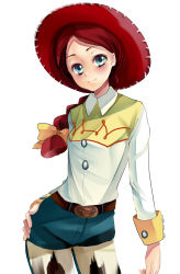 Rule 34 | 1girl, animification, bad id, bad pixiv id, blue eyes, blush, braid, contrapposto, cowboy hat, cowboy shot, cowboy western, hand on own hip, hat, highres, hip focus, jessie (toy story), jessie the yodeling cowgirl, kurabayashi, long hair, personification, red hair, smile, solo, standing, toy story, white background