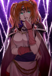 Rule 34 | 1girl, armor, bridal gauntlets, cape, delsaber, dress, fire emblem, fire emblem: hasha no tsurugi, green eyes, highres, jemmy, jewelry, lightning, long hair, looking at viewer, looking down, nintendo, open mouth, red hair, short dress, shoulder armor, sleeveless, sleeveless dress, smile, smug, solo, tiara, twintails, white dress