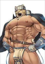 Rule 34 | 1boy, abs, ainu clothes, animal ears, animal head, bara, bare pectorals, bulge, cosplay, feet out of frame, furry, furry male, hands on own hips, headband, horkeu kamui, horkeu kamui (cosplay), jacket, jacket on shoulders, jaguar boy, jaguar ears, king (tekken), large pectorals, looking at viewer, male focus, mennsuke, muscular, muscular male, navel, nipples, pectorals, pelvic curtain, revealing clothes, solo, stomach, talking, tekken, textless version, the king of fighters, thick thighs, thighs, tokyo houkago summoners, vambraces
