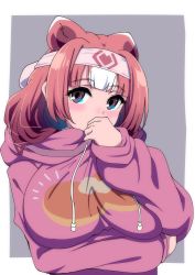 Rule 34 | 1girl, alternate costume, animal ears, arm under breasts, bear ears, bear girl, blush, bob cut, breasts, brown eyes, brown hair, casual, clothes lift, covering own mouth, extra ears, female focus, food, food print, hand covering mouth, head tilt, headband, highres, hood, hoodie, hoodie lift, kemono friends, kodiak bear (kemono friends), large breasts, looking at viewer, mamiyama, medium hair, multicolored hair, pancake, red hair, simple background, solo, upper body