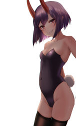 Rule 34 | 1girl, absurdres, animal ears, bare shoulders, black thighhighs, breasts, cleavage, clenched teeth, collarbone, fake animal ears, fang, fate/grand order, fate (series), gadeung hye, highres, horns, leotard, oni, pink eyes, playboy bunny, purple eyes, rabbit ears, rabbit tail, red horns, short hair, shuten douji (fate), simple background, skin-covered horns, small breasts, smile, solo, tail, teeth, thighhighs, thighs, white background