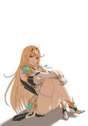 Rule 34 | 1girl, bare legs, bare shoulders, blonde hair, breasts, cleavage cutout, clothing cutout, cm lynarc, dress, elbow gloves, gloves, highres, large breasts, long hair, mythra (xenoblade), short dress, signature, simple background, swept bangs, thigh strap, thighs, tiara, very long hair, white background, white dress, white footwear, white gloves, xenoblade chronicles (series), xenoblade chronicles 2, yellow eyes