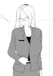 Rule 34 | 1girl, absurdres, aliasing, arm across waist, bangs pinned back, belt, breasts, commentary, cowboy shot, english commentary, formal, glasses, highres, indoors, inne sulistya robin, large breasts, long hair, looking at viewer, monochrome, name tag, norman maggot, original, pencil skirt, shirt, skirt, skirt suit, solo, standing, suit, sweatdrop, teacher, uniform