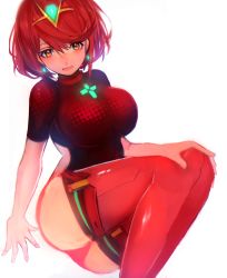 Rule 34 | 1girl, ass, blush, breasts, cleavage, covered navel, curvy, fingerless gloves, gloves, highres, hip focus, jewelry, large breasts, looking at viewer, nintendo, open mouth, pyra (xenoblade), red eyes, red hair, short hair, shorts, sidelocks, simple background, solo, tarbo (exxxpiation), thick thighs, thighs, tiara, white background, wide hips, xenoblade chronicles (series), xenoblade chronicles 2, xenoblade chronicles (series), xenoblade chronicles 2