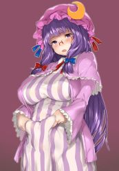 Rule 34 | 1girl, absurdres, bad id, bad pixiv id, belly grab, bespectacled, blue bow, blue ribbon, blush, bow, breasts, crescent, dress, fang, fat, fat rolls, frilled sleeves, frills, glasses, hair ribbon, hat, hat ribbon, highres, large breasts, long hair, looking at viewer, mob cap, open mouth, patchouli knowledge, plump, po. (medamaoyazi), purple eyes, purple hair, red bow, red ribbon, ribbon, simple background, solo, striped clothes, striped dress, sweat, touhou, very long hair