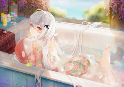Rule 34 | 1girl, ahoge, arknights, ass, barefoot, bathtub, blush, bodypaint, breasts, chinese commentary, commentary request, cup, drinking glass, drinking straw, flower tattoo, food, fruit, hair ornament, highres, inflatable orca, inflatable toy, large breasts, lemon, lemon slice, liu liaoliao, long hair, looking at viewer, no headwear, nude, orca hair ornament, parted lips, red eyes, silver hair, skadi (arknights), solo, tattoo, thighs, very long hair, water