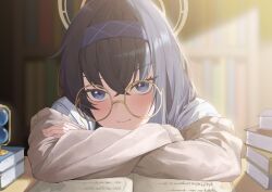 Rule 34 | 1girl, arm support, black hair, blue archive, blurry, book, book stack, bookshelf, commentary request, crossed arms, depth of field, eyewear strap, glasses, hair between eyes, hairband, halo, head rest, highres, indoors, leaning forward, library, long hair, long sleeves, looking at viewer, purple eyes, ribbed sweater, school uniform, serafuku, sidelocks, solo, sweater, table, tai saka, ui (blue archive)
