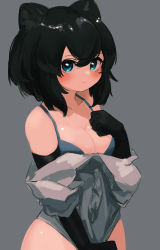 Rule 34 | 1girl, absurdres, animal ears, black gloves, black hair, blue eyes, blush, breasts, cat ears, cleavage, closed mouth, elbow gloves, gloves, grey background, grey shirt, hand up, highres, large breasts, looking at viewer, off shoulder, original, otoma (matoi0603), partially unbuttoned, shirt, short hair, simple background, solo, upper body